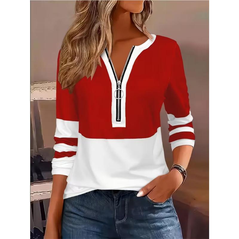 Women's Fashion Zippered Long Sleeved Top Clothing Women Casual Random Printing with Zipper T-shirt
