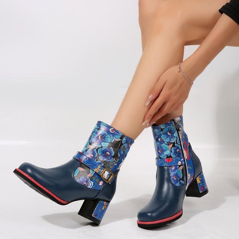 Fashion Women's Chunky Heel Boots Winter New Round Head Color Matching Printed Side Zipper Belt Buckle Short High Heel Boots