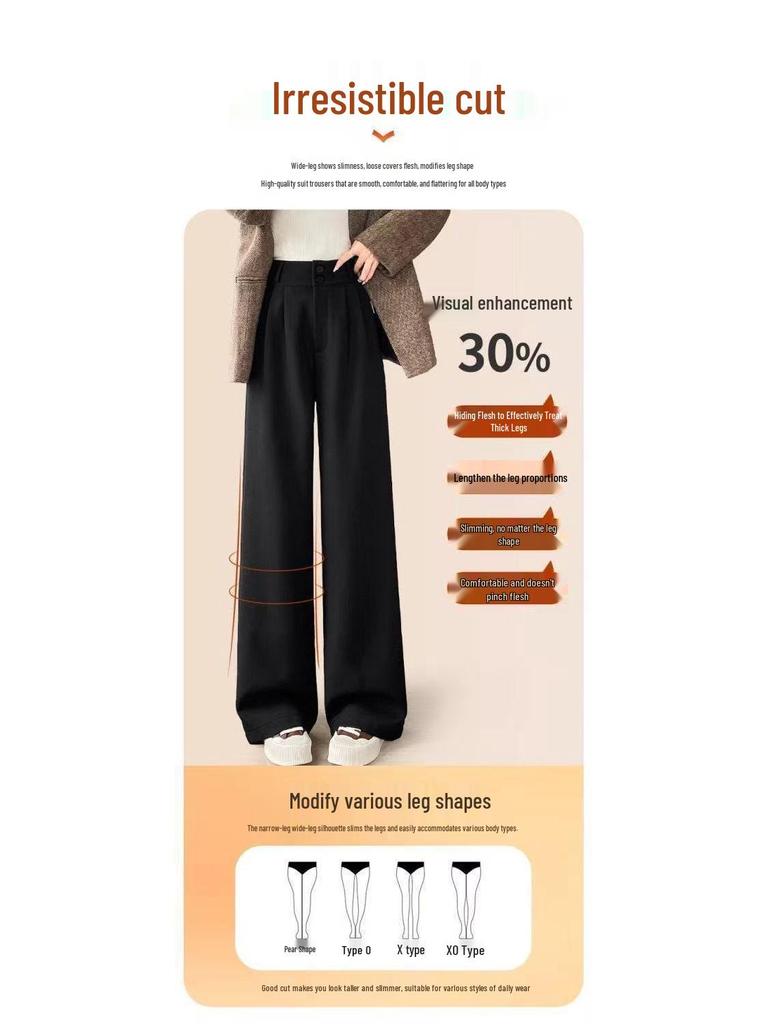 2026 High-End Black Women's Petite Wide-Leg Drape Suit Pants for Spring/Summer