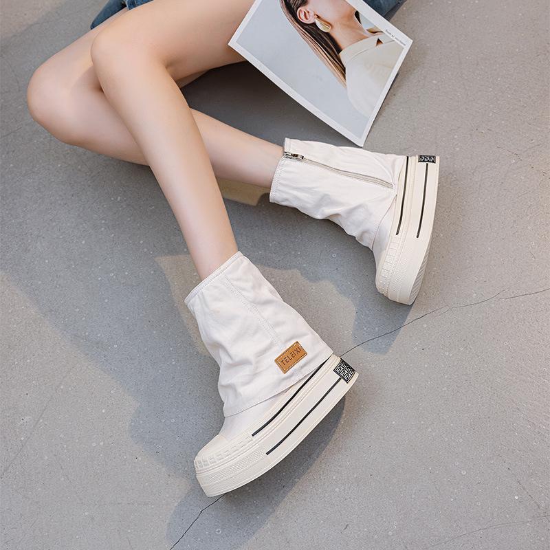 

Женские парусиновые полусапоги - Модный дизайн 2025 года, Толстая подошва, Увеличение роста на 12 см 34 бежевый