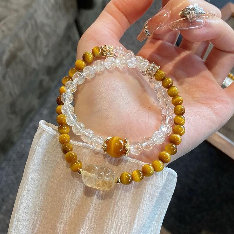 Браслет с двойным кольцом Цветок из тигрового глаза и белого кристалла Браслет с двойным кольцом Пиксиу из тигрового глаза и белого кристалла Дофамин