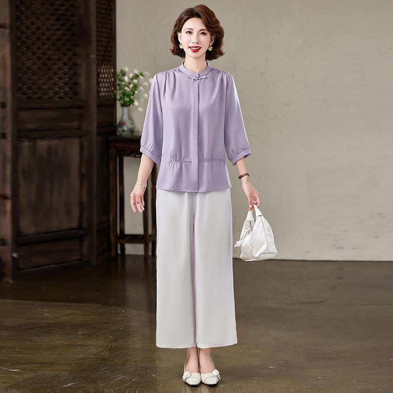 

Chic Summer Chiffon Two-Piece Set for Stylish Moms - 2026 New Fashion Blouse & Suit for Middle-Aged Women 2XL (95-115 catty)