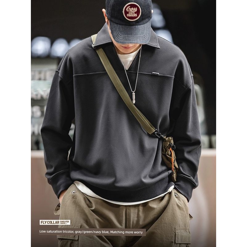 Marden Retro V-neck Polo Shirt Sweatshirt All-Matching Work Clothes