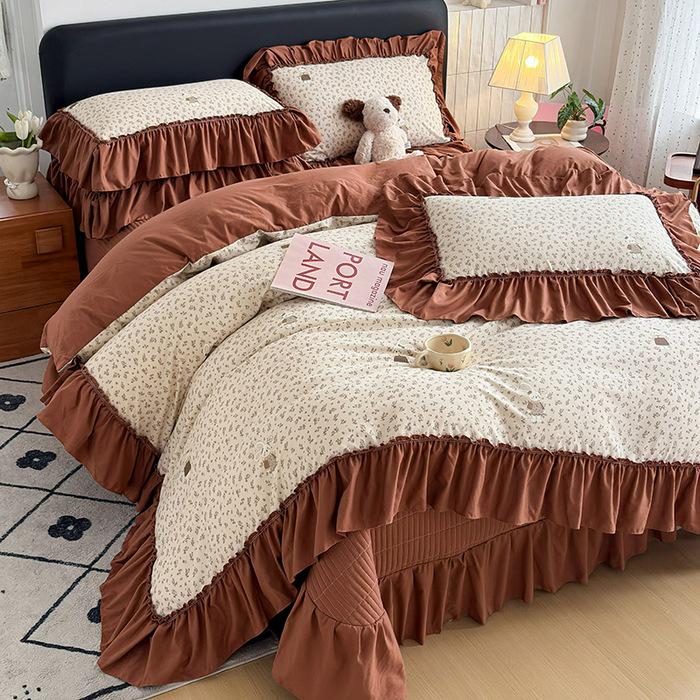 Spring/Summer Washed Cotton Lace Quilt Bedspread Set - 4 Pieces, Machine Washable