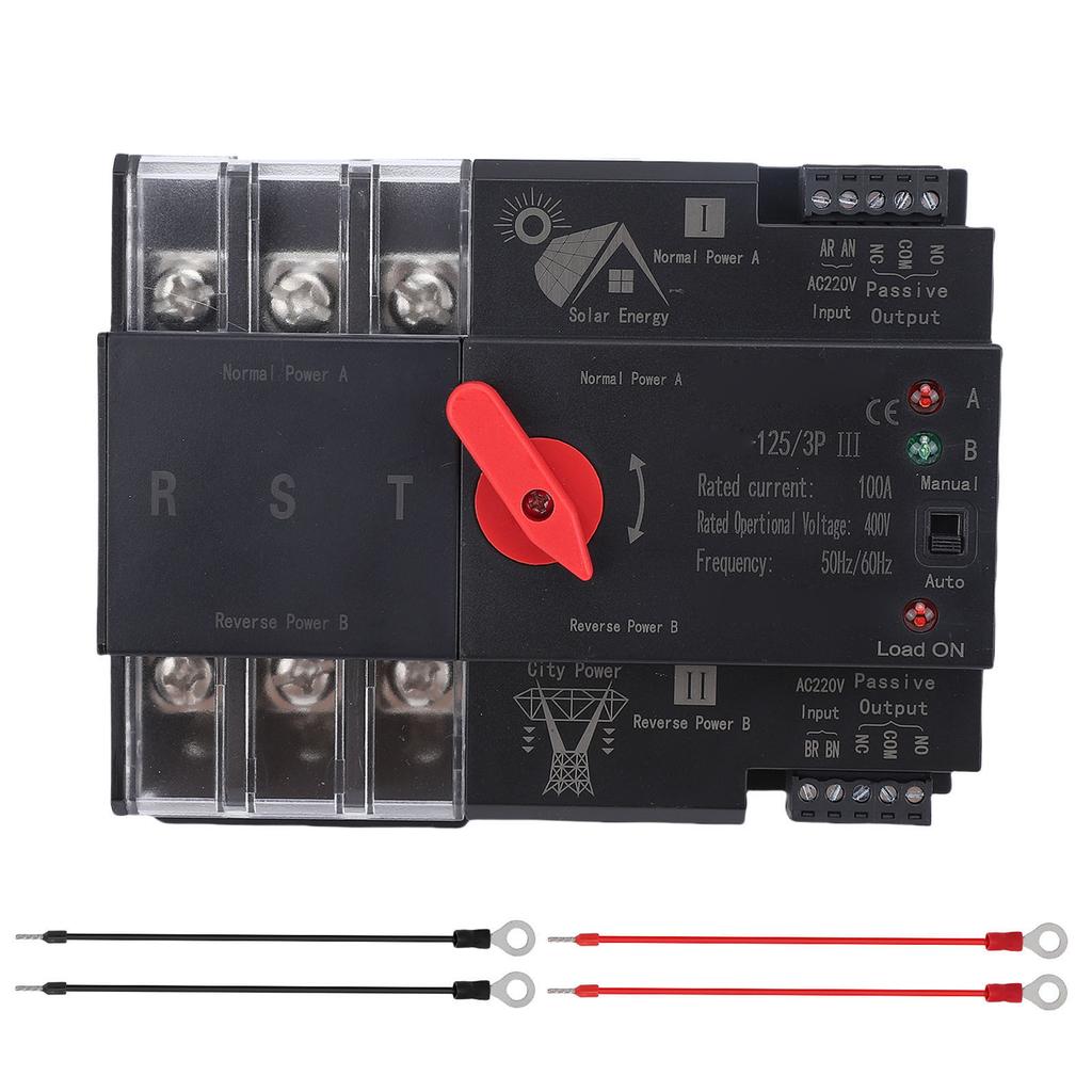Dual Power Automatic Transfer Switch Uninterrupted ATS 3P 100A Din Rail Mount Toggle Controller PV Mains Supply