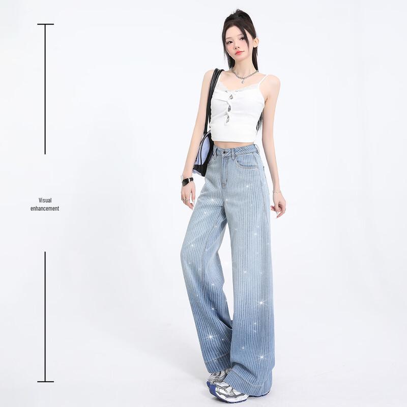 HSTYLE Women's Vintage Rhinestone Gradient Wide-Leg Jeans