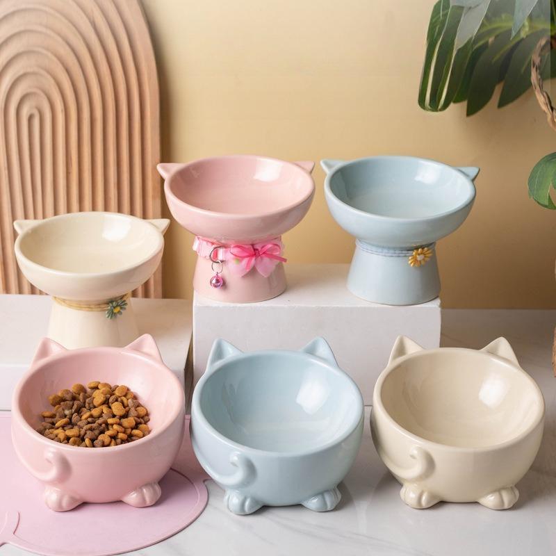 Cat Bowl High Foot Neck Protection Cervical Vertebrate Mouth Cat Bowl Ceramic Cat Bowl Drinking Bowl Pet Cute Cat Basin Supplies