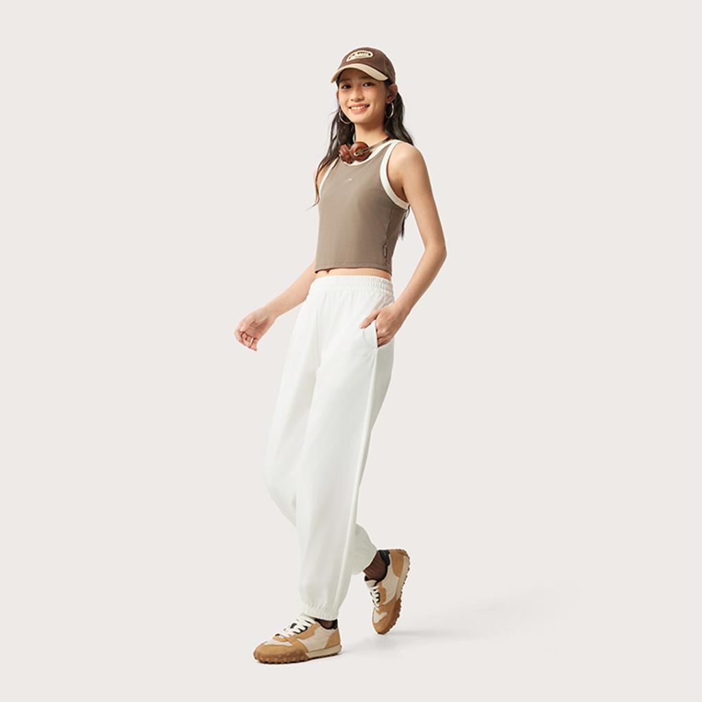 Li Ning Sports Lifestyle Series Solid Color Mid Waist Breathable Versatile Jogger Knit Sports Pants Women bottoms Off-White AKLV202-1