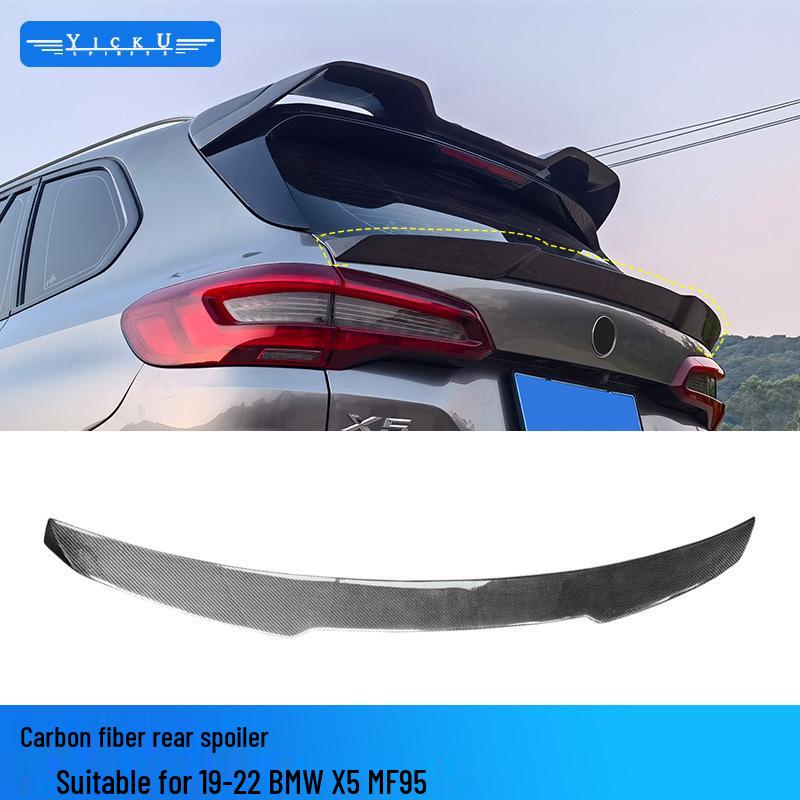 BMW X5M F95 Carbon Fiber Body Kit: Front Lip Splitter, Rear Lip, Side Skirts, Wind Deflectors, Tail Wing with Lights.
