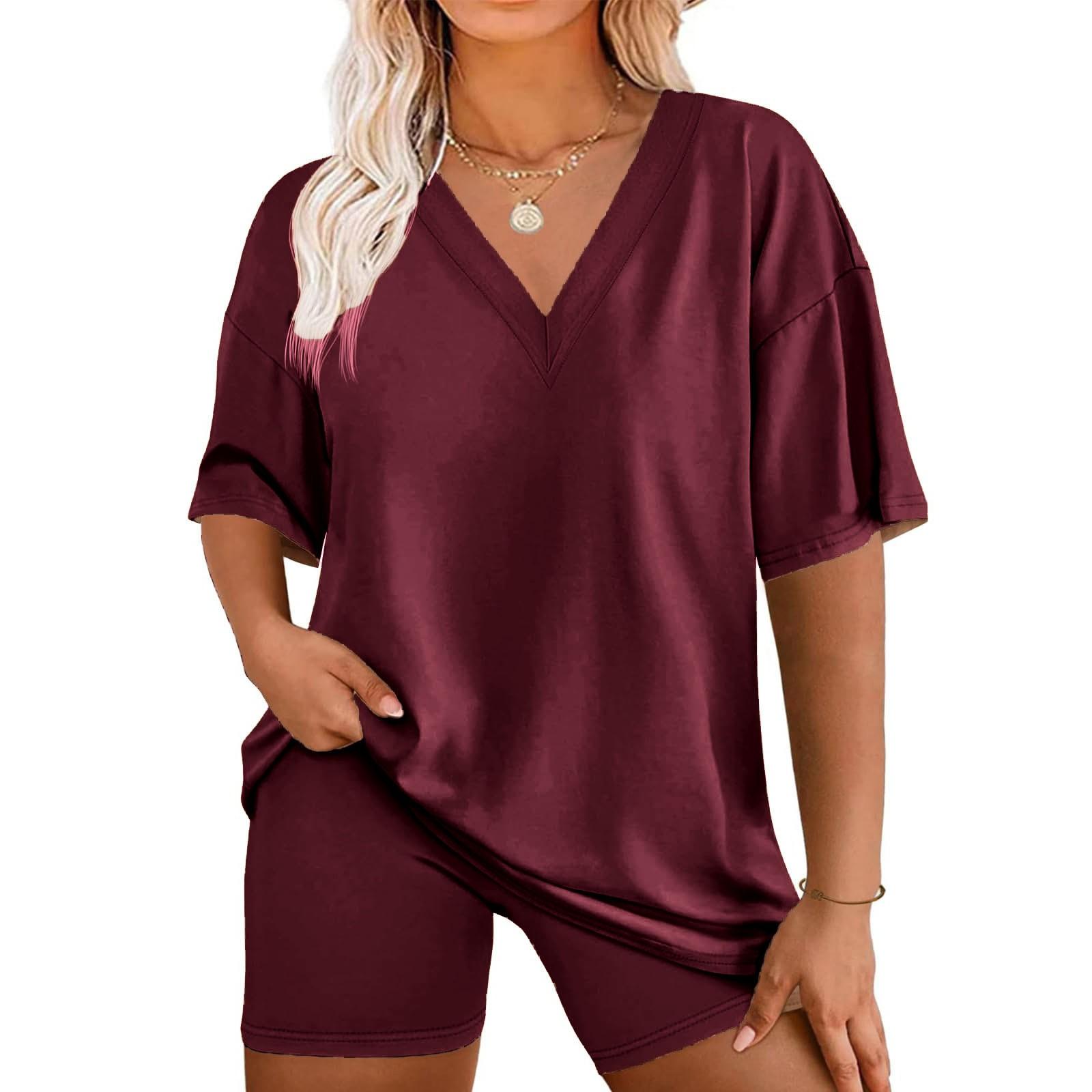 

Women s Loose Fashion Solid Color Split V-Neck Short Sleeve Top Shorts Two Piece Set XL винний