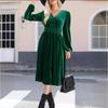 Autumn Winter Fashion V-neck Long Sleeved Dress New Solid Color Outer Wear Women Elegant Commuter Pleated High-waisted A-line Female Office Clothing