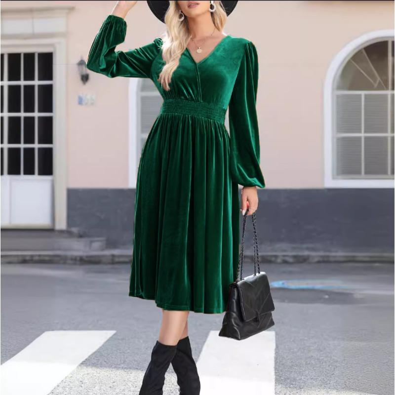Autumn Winter Fashion V-neck Long Sleeved Dress New Solid Color Outer Wear Women Elegant Commuter Pleated High-waisted A-line Female Office Clothing