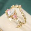 2 Pcs Retro Elegant Pink Zircon Ring Set for Women Engagement Proposal Jewelry