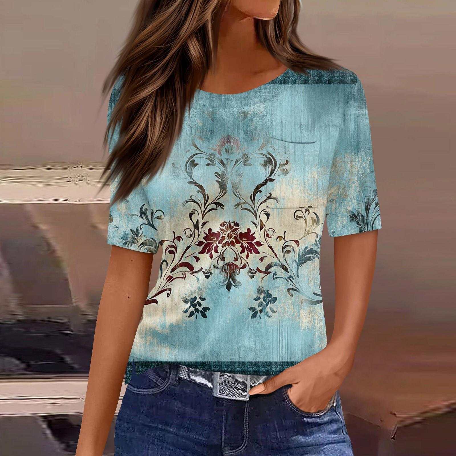 

Женская футболка с коротким рукавом и круглым вырезом, карманом и винтажным цветочным принтом XL