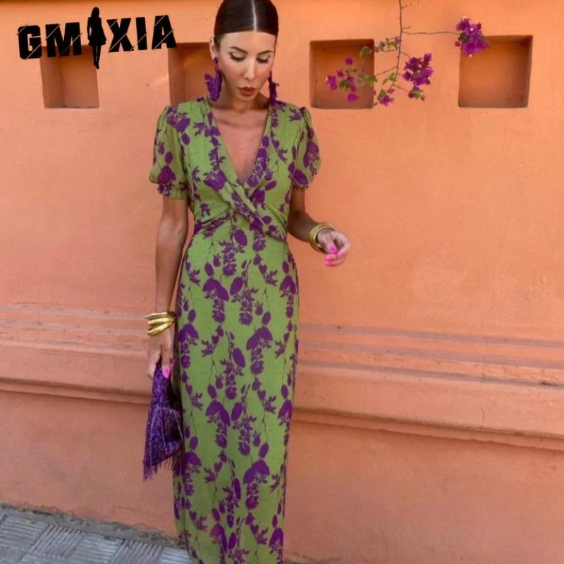 GMXIA Damenmode Sommer Frühling Kurzarm V-Ausschnitt Freizeitkleider