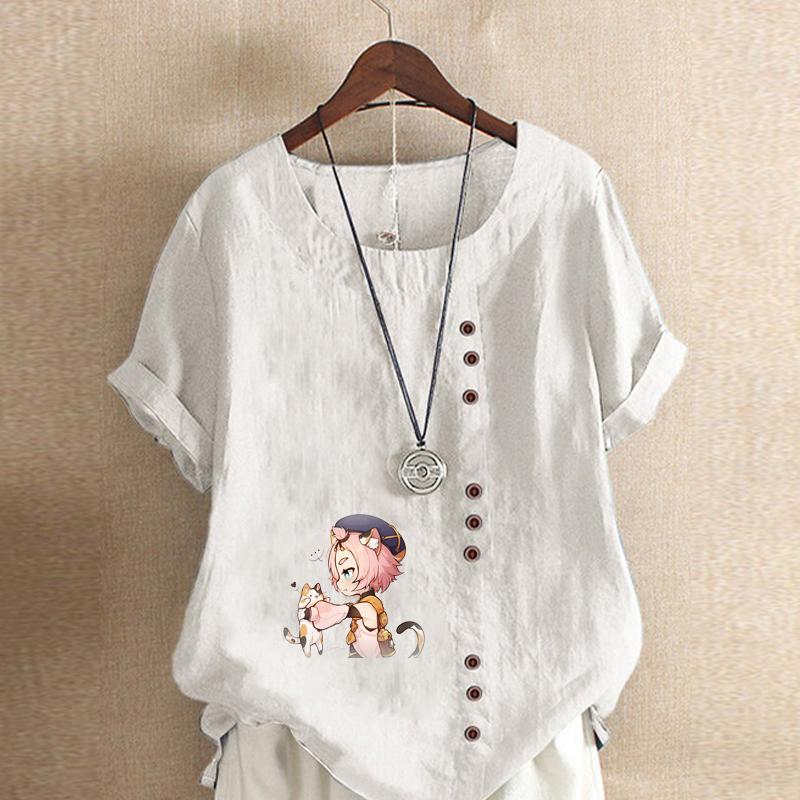 Women's Fashion Round Neck Short Sleeve T-shirt Casual Cotton Linen Graphic Shirt Leisure Loose Two Cute Little Cats Prined Summer Blouse Tops
