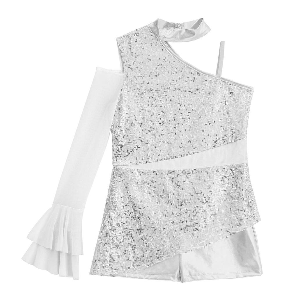 Dívčí peplum leotard taneční kostým asymetrický design s odhaleným ramenem a průsvitnými síťovanými volánovými rukávy body