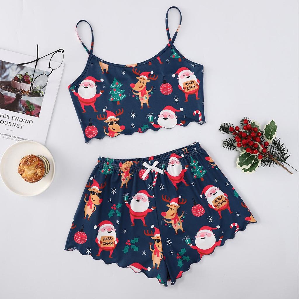 Christmas Style Sleeveless Milk Silk Pajama Set - Comfortable and Casual Two-Piece Homewear