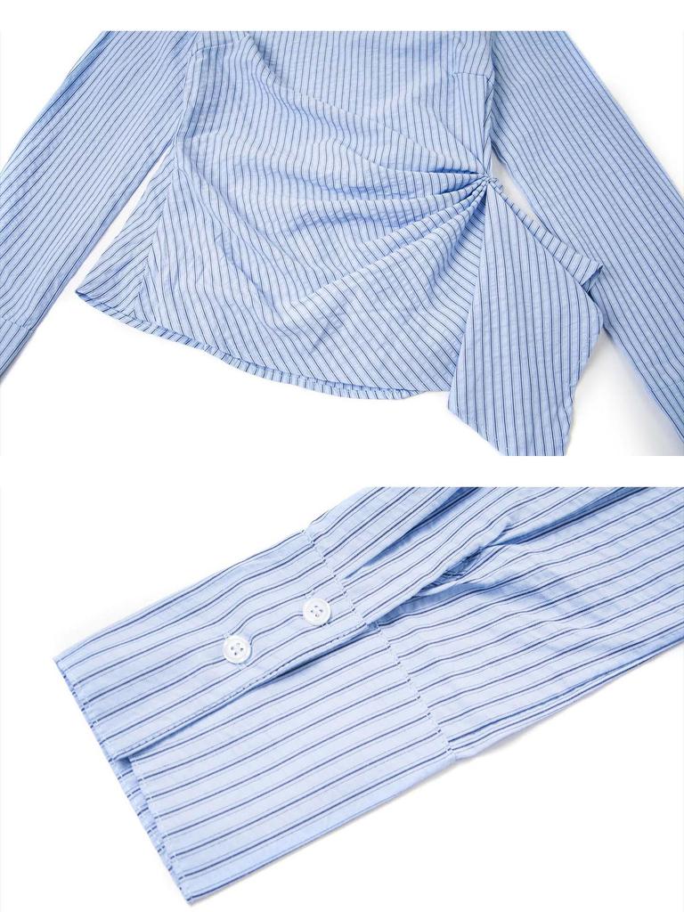 UNBDNS Women's One-Shoulder Striped Tie-Up Shirt: Slimming, Versatile Long Sleeve Top for Autumn