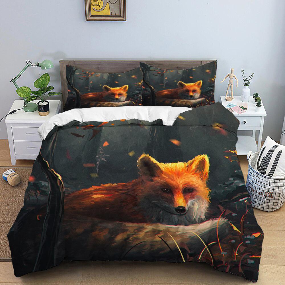 Fox Duvet Cover Set King/Queen Size Orange Lovely Fox Bedding Set For Kids Teens Boys Wild Animal 2/3Pcs Polyester Quilt Cover