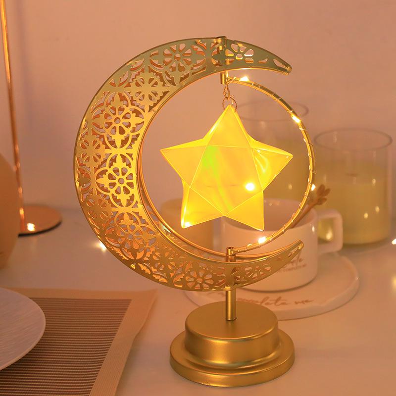 Drehbare LED-Schmiedeeisen-Mond- und Sternenlampe – Dekoratives Schreibtischornament im nahöstlichen Stil.