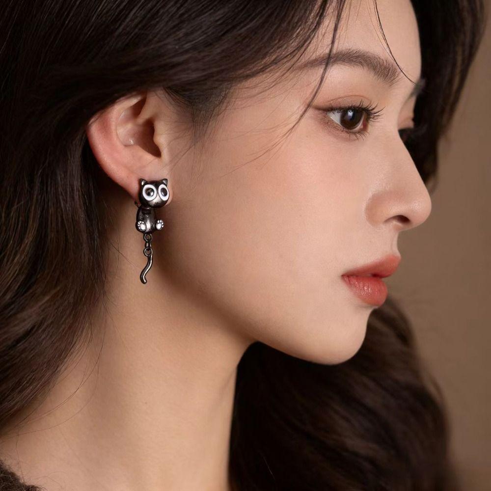 Sweet Black Cat Drop Earrings Alloy Light Luxury Earrings Black Kitten Earrings  For Girl Women