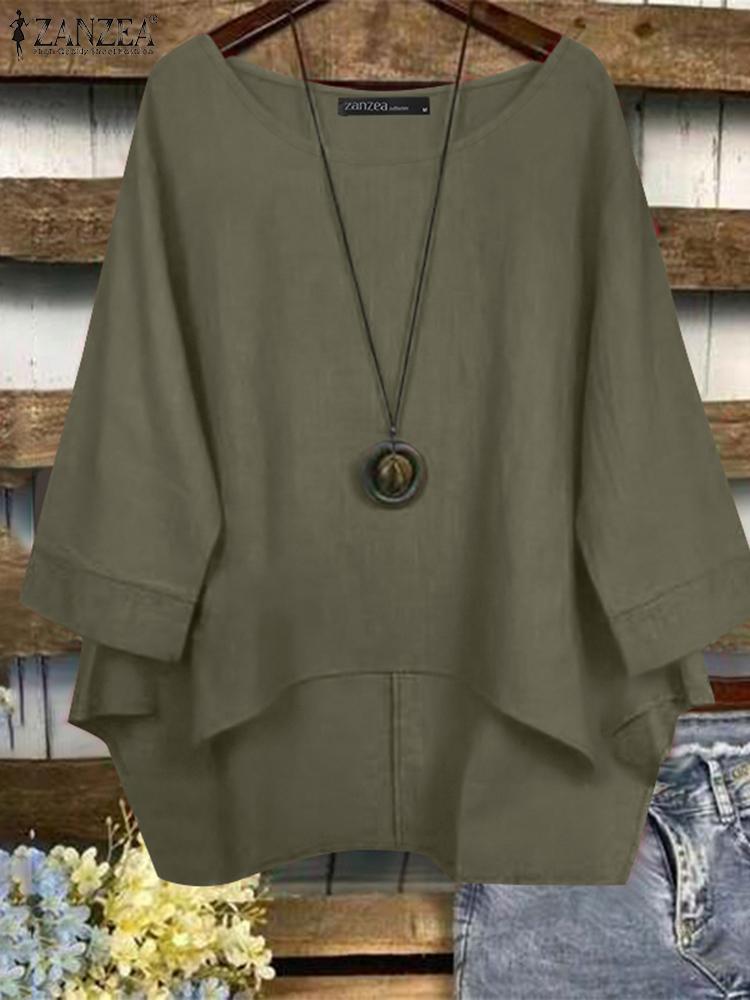 Summer Blusas Mujer Woman Cotton Asymmetrical Hem High-Low Blouses 3/4 Sleeve Loose O-Neck Everyday Tops