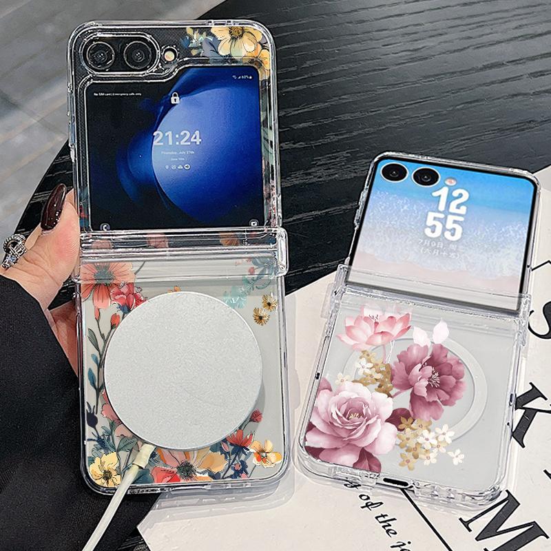 Luxury Flowers Print Case For Samsung Galaxy Z Flip 8 7 FE 6 5 Z Flip8 Flip7 Flip6 Magnetic Clear Hard PC Folding Phone Cover