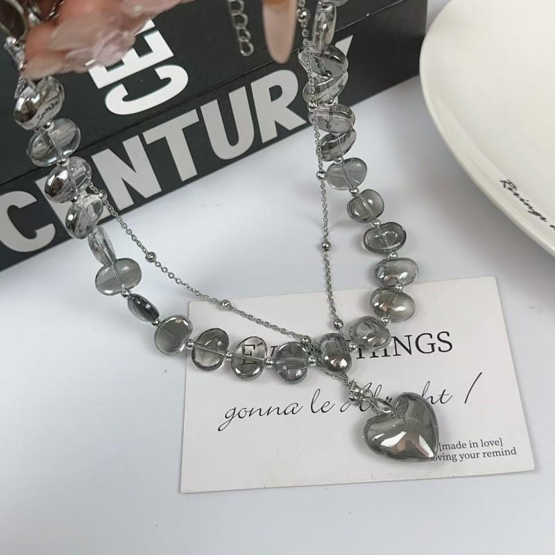 Double Layer Crystal Gray Heart Choker Necklace Women Handwoven Glass Bead Locket Chain Y2K Sweet Punk Style Statement Double-Layer Crystal Gray Heart Necklace - 626