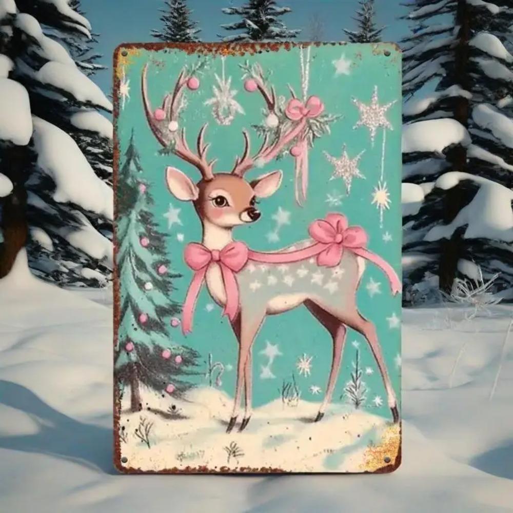 Vintage Pink Santa & Deer Iron Sign for Outdoor Yards & Porches, Unique Holiday Gift