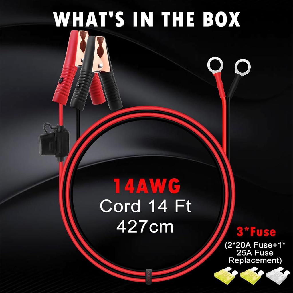CUZEC 14FT/4.27M 14 AWG Extension Cord Eyelet Terminal With Battery Clamp 12V/ 24V Battery Clip-On For High-Power Inverter And More (13.1FT LONG)