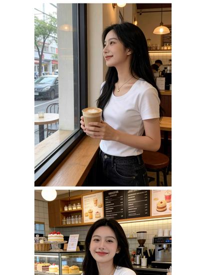 Women's Slim Fit Pure Cotton White Short-Sleeve T-Shirt - Round Neck, Versatile Basic Summer Top