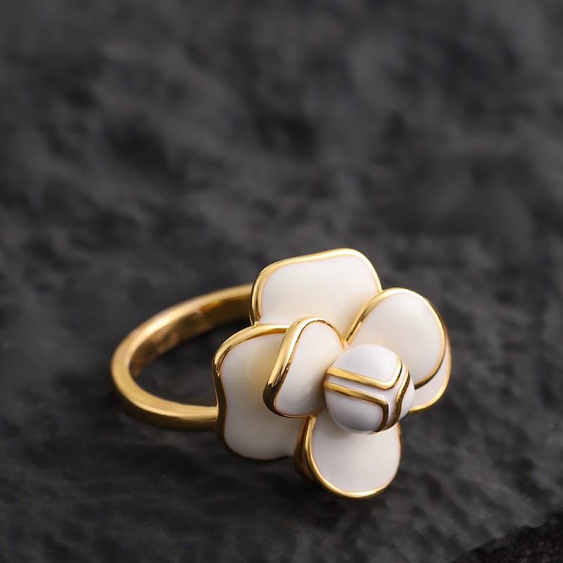Adjustable Open Ring Women With Enamel Flower Design Zircon Accents Fashion OL Style Copper Jewelry