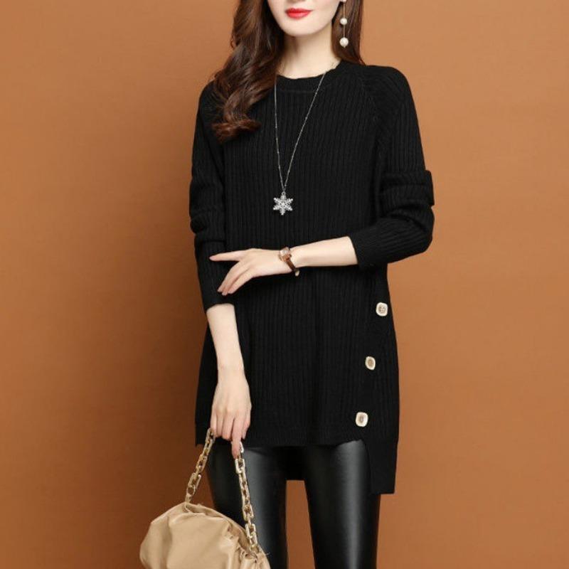 

Crew neck sweater women s medium and long loose spring and autumn new fashion knitted bottoming shirt Average size чёрный