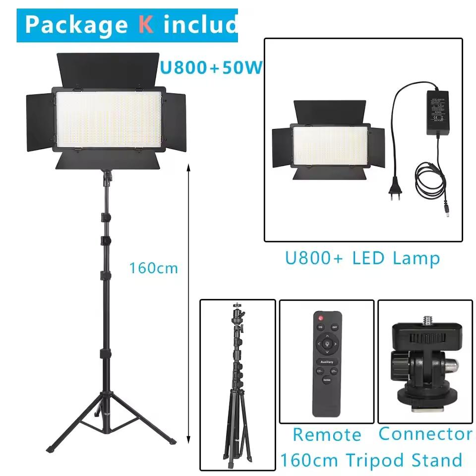 U600 U800+ LED Video Light Photo Studio Lamp Bi-Color 3200K-5600k Dimmable with Tripod Stand Remote for Video Recording Para