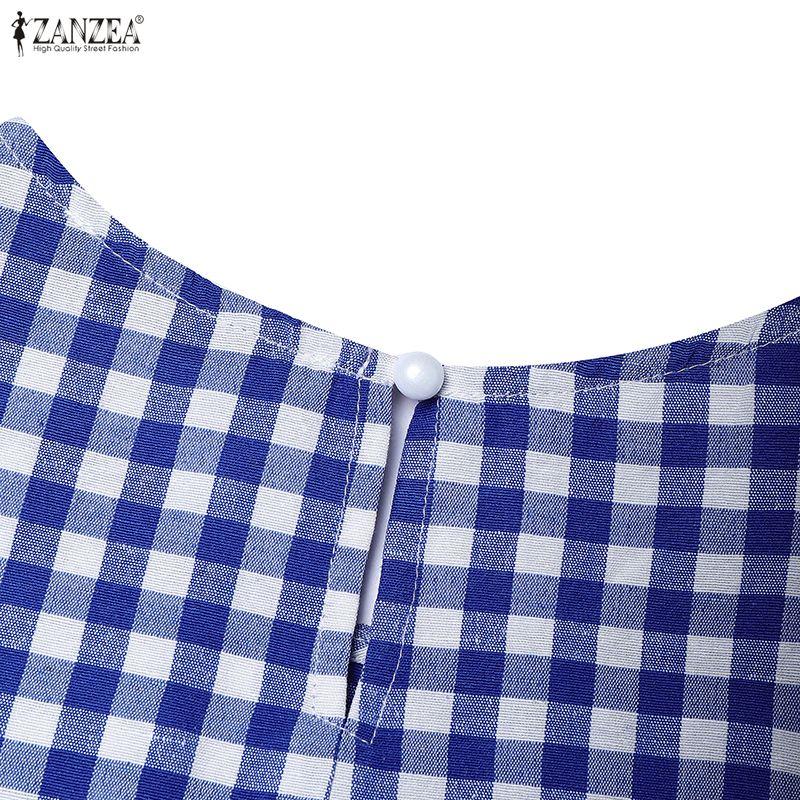 ZANZEA Damen Lässiges Rundhals-Kurzarmkleid mit Karomuster