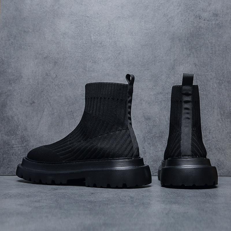 Fashion fried street men's breathable black knitted short boots fluorescent green thick-soled soft-soled personalized eye-catching trendy men's shoes