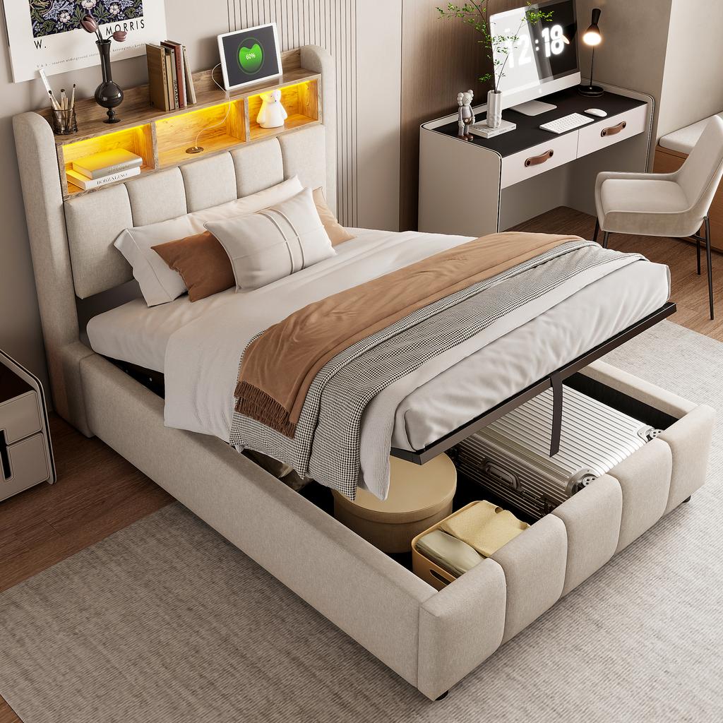 Letto imbottito 90*200cm con illuminazione LED e porta USB, testiera con mensole e spazio contenitore, letto singolo per bambini, beige lino