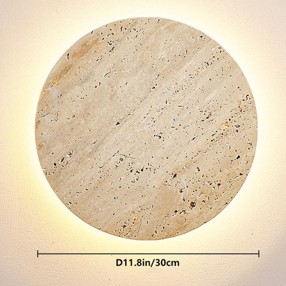 Modern Round Travertine Wall Sconce, Natural Stone Wall Light Fixture, LED Wall Lamp with Warm White Glow, Indoor Wall Lighting for Bedroom, Living