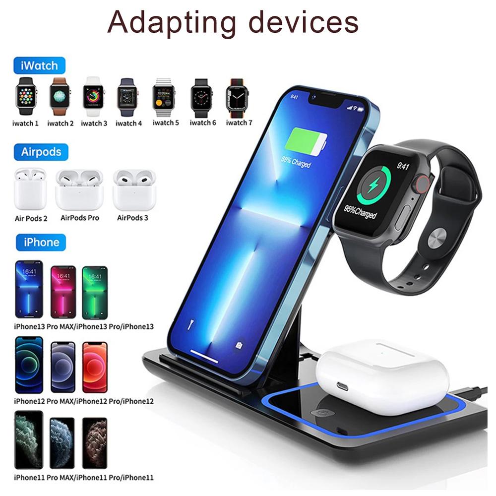 LED Fast Wireless Charger Stand 3 in 1 Foldable Charging Station For iPhone 17 16 15 14Apple Watch 9 8 7 6 5 Airpods Pro