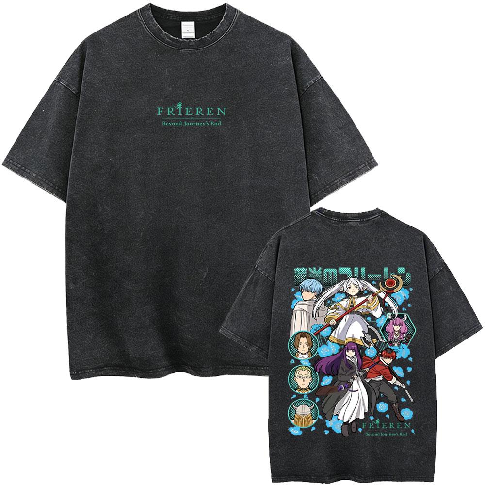Anime Frieren Beyond Journeys End Frieren Washed Vintage Tshirt Men Women Fashion Manga Tshirts High Quality Cotton T Shirts