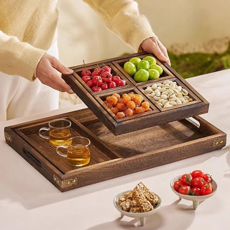 Afternoon Tea Tray Tea Tray Dessert Fruit Dried Fruit Tray Multi-lattice Tea Tray Stove Side Tea Chinese Wooden Tray