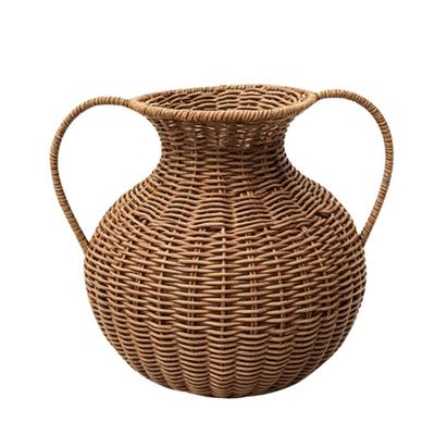 Farmhouse Decorative Flower Vessel with Two Side , Brown Textured Exterior, Broad Opening and Glass Insert for Living Room Arrangements