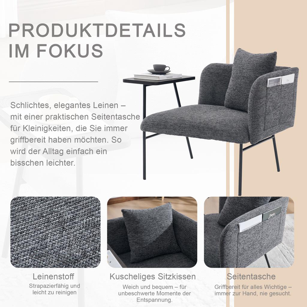 Modern single armchair with comfortable fabric backrest and two storage compartments, complemented by a practical side table.