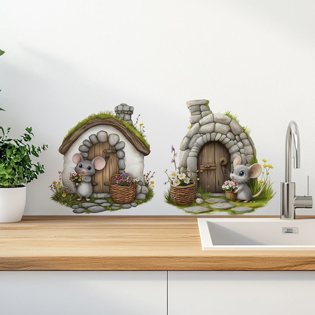 Hand-Painted Flowers & Mouse Hole Wall Stickers, Artistic Decals for Bedroom Living Room Entryway Decor, Self-Adhesive