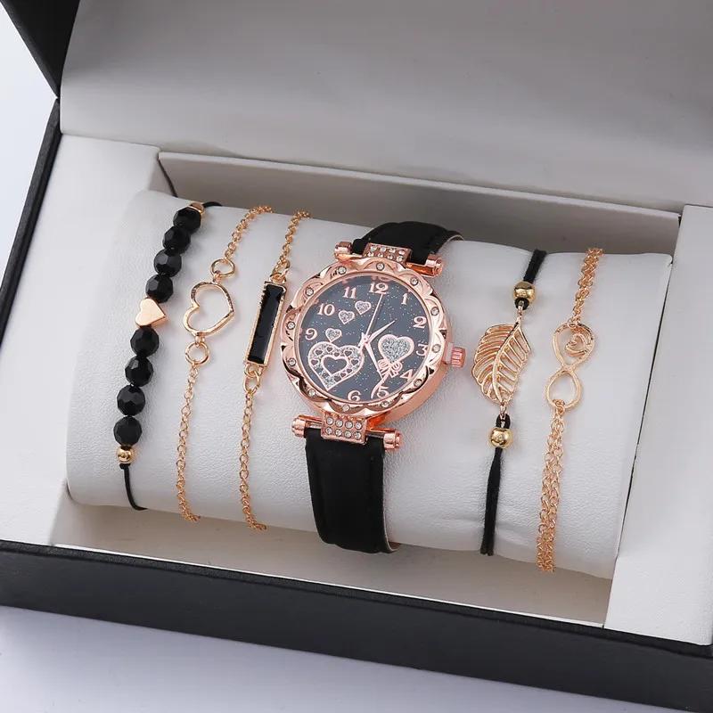 New Fashion Watches for Women Ladies Simple Heart Dial Casual Female Luxury Analog WristWatches 6pcs Bracelet Set Gift No Box
