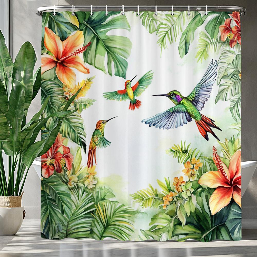 Tropical Green Plants And Flowers Birds Shower Curtain, Bathroom Decorative Shower Curtain, Printing Shower Curtain With Hooks