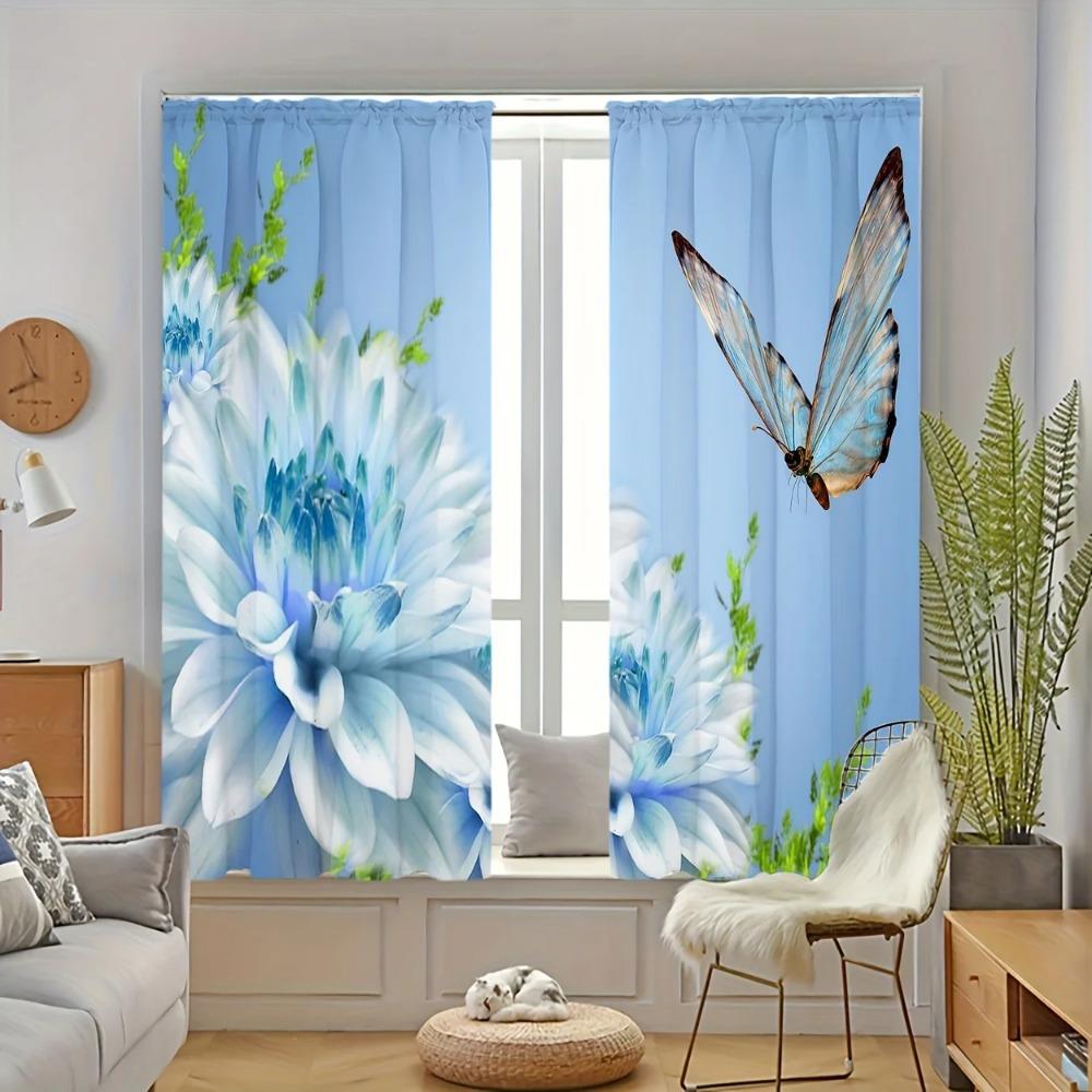 2pcs Blue Background Floral Butterfly Print Curtains Polyester Material For Living Room Bedroom Study Multi-scene Home Decor