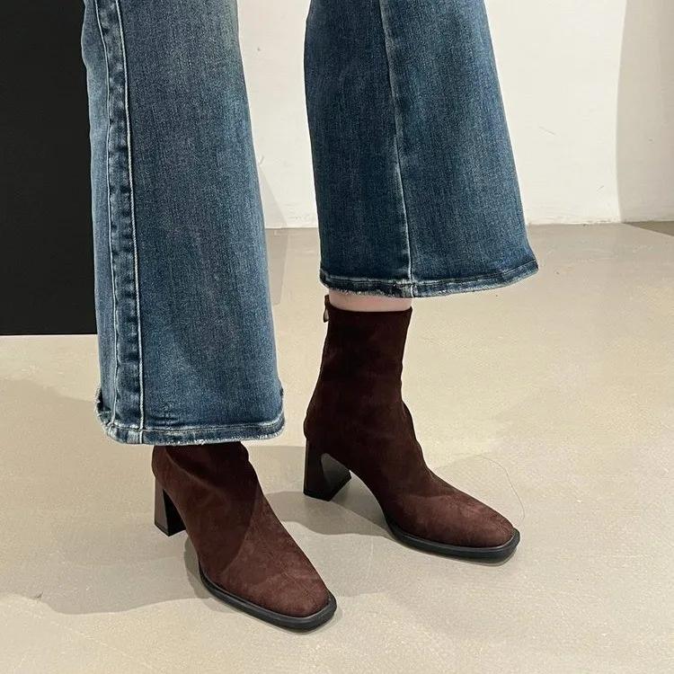 Damskie Botki na Grubym Obcasie z Kwadratowym Noskiem Eleganckie Nowoczesne Krótkie Botki Damskie Jesień Zima Zapatos De Mujer 2026