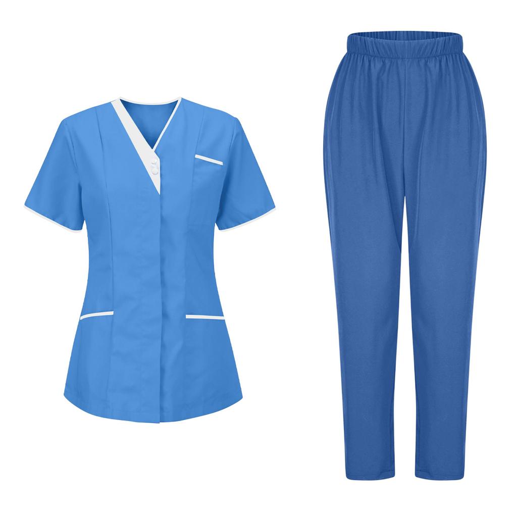 Women's Uniforms Quick Dry Fabrics V-Neck With Pockets Short Sleeves Long Pants Solid Color Workwear Suit